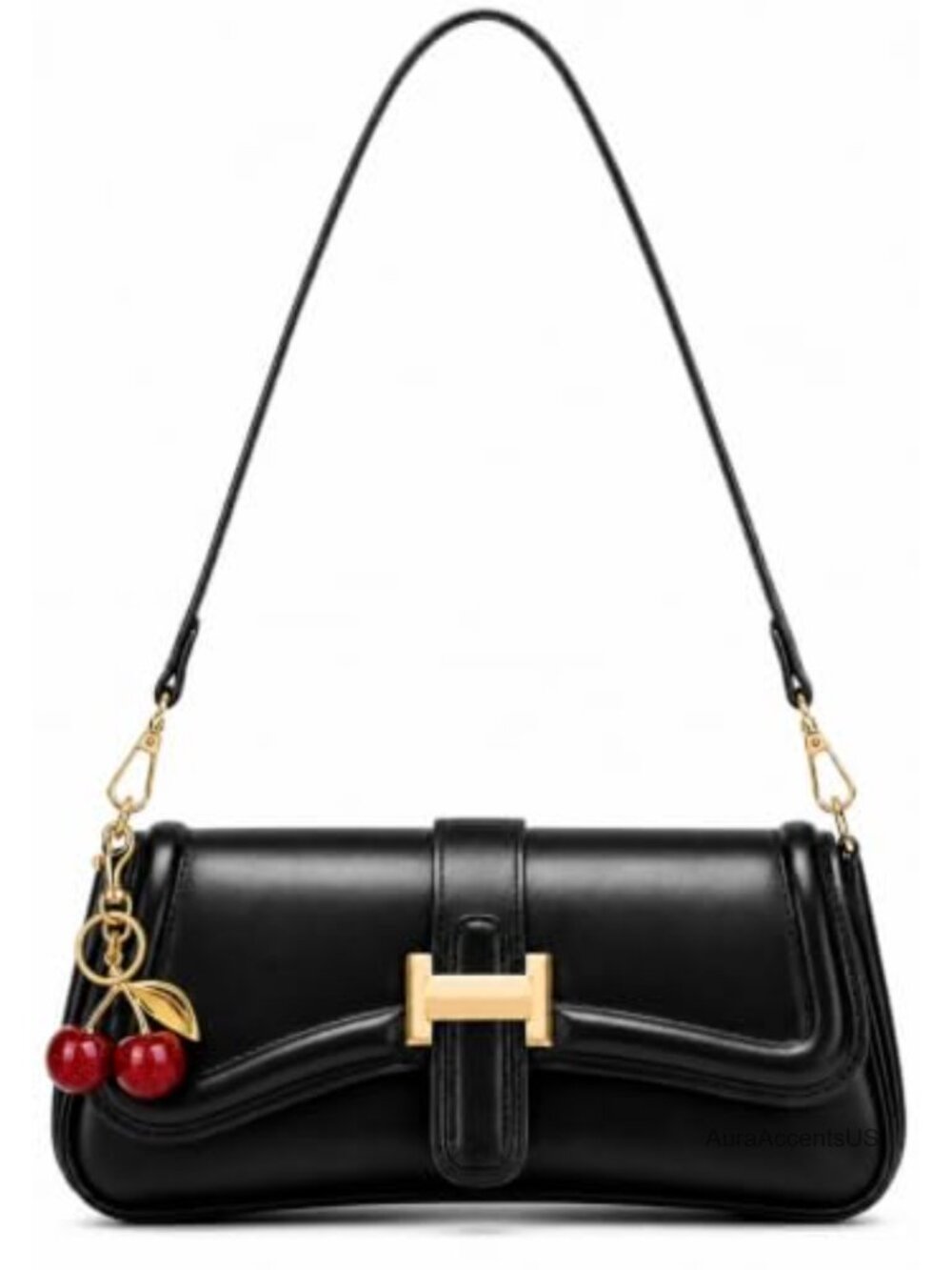 Vegan Leather Hobo Shoulder Bag with 2 Straps & Cherry Charm